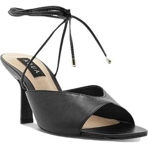 Aqua Women's Black Kid Leather Square Toe Strappy Wrap Ankle Amiele Sandals